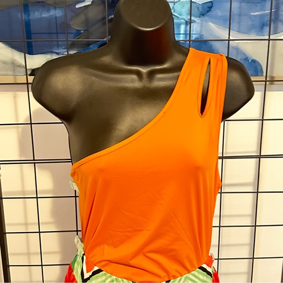 Women’s Plus Size 2-Piece Orange Bodysuit Multi Color Design Leggings Pants - Picture 12 of 13